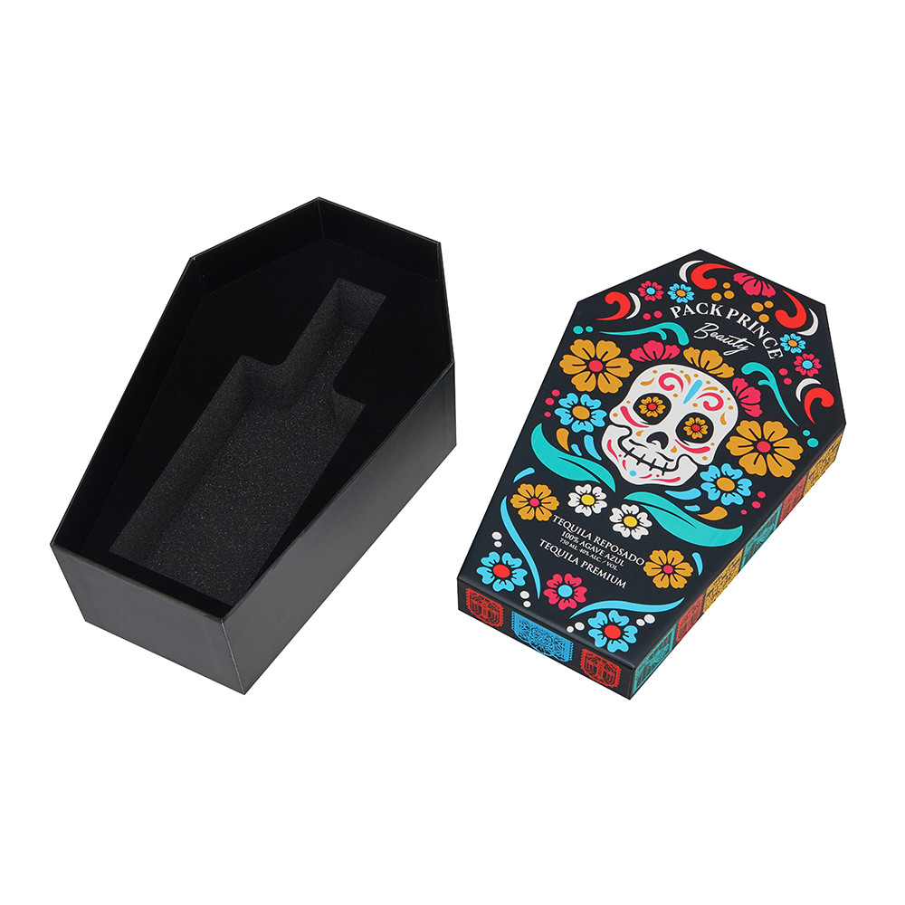 Open custom shaped liquor gift box showing black foam bottle insert and removable lid
