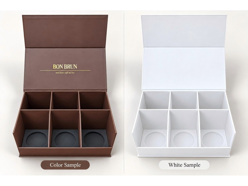 Brown and white prototypes of a six-bottle magnetic rigid liquor gift box with compartment dividers and EVA base supports