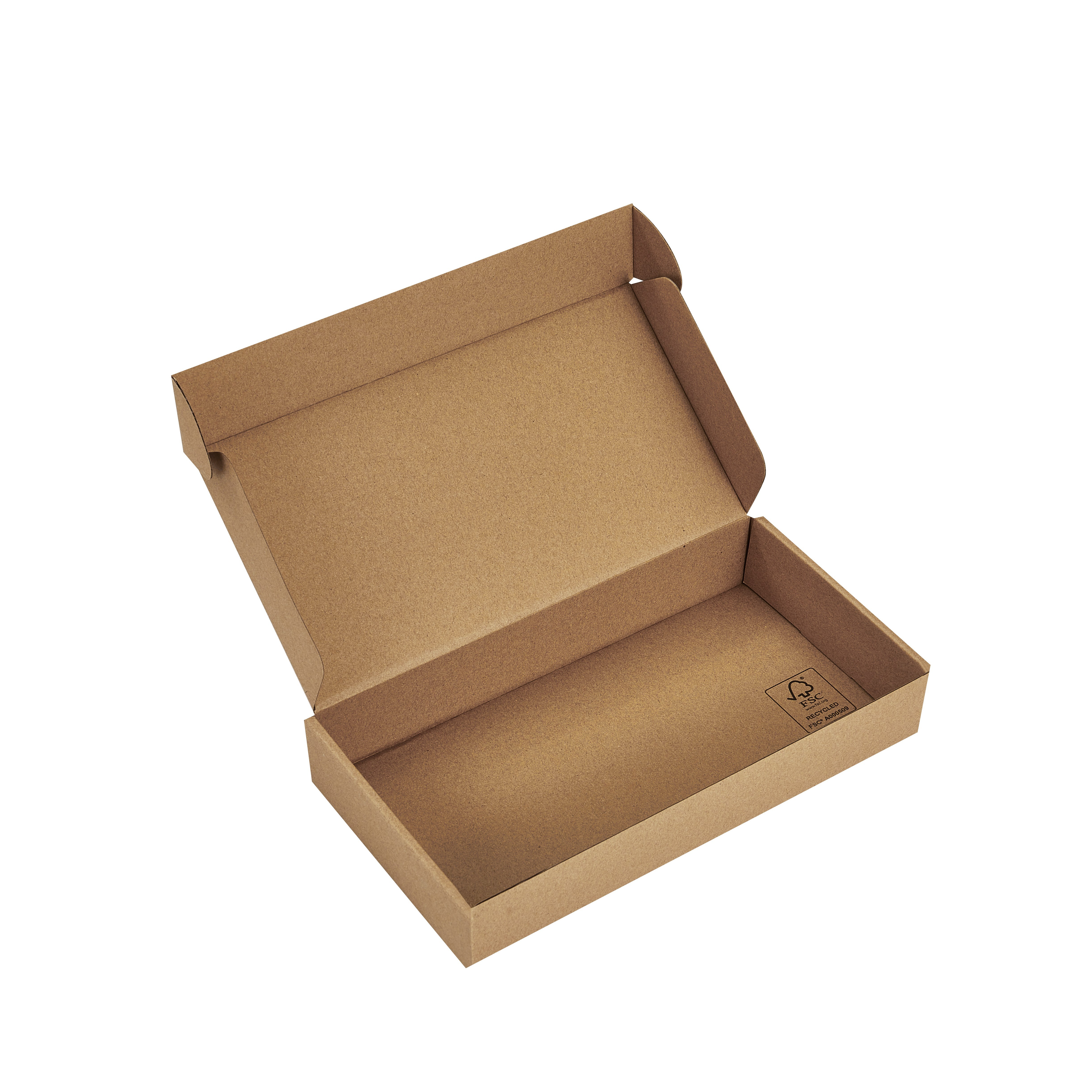 Open FSC kraft corrugated mailer box showing hinged lid and tuck-in side flaps