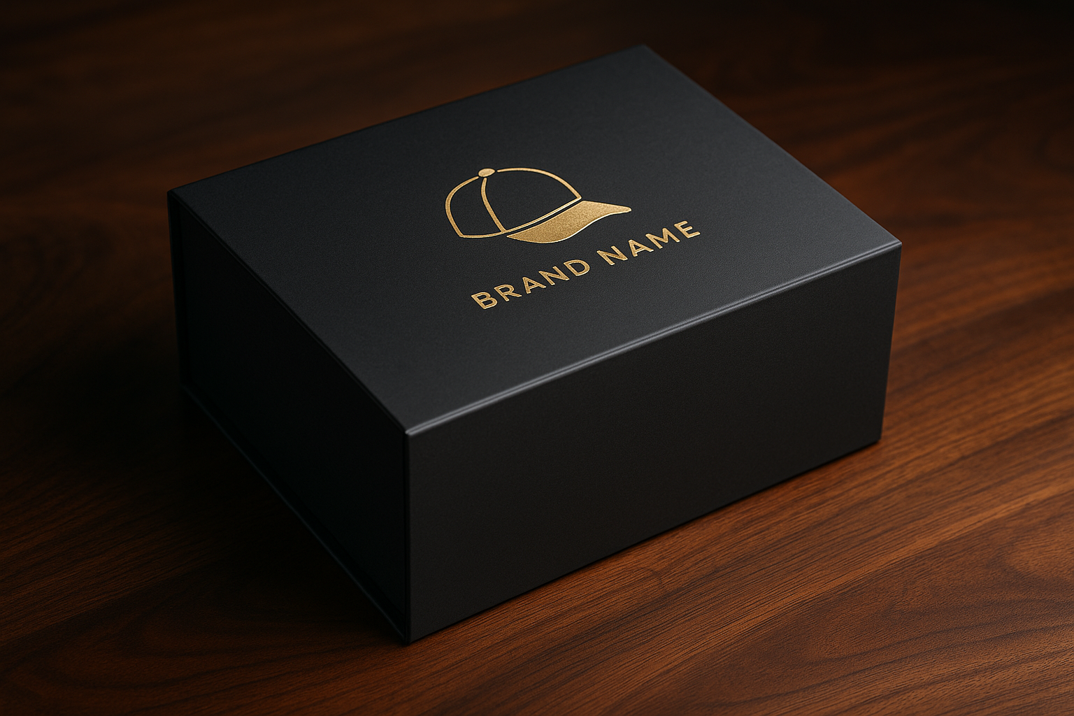 Luxury custom baseball hat gift box with magnetic closure and gold foil logo on wooden table