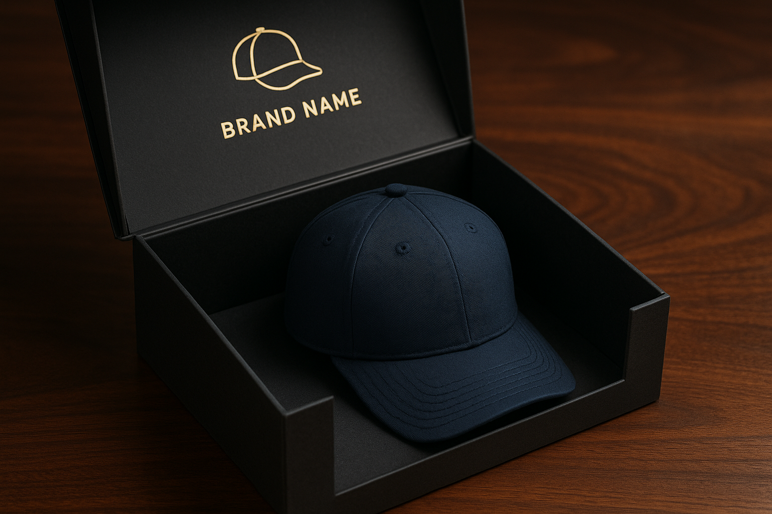 Open baseball hat gift box with velvet insert holding a black cap