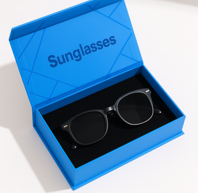 Custom Sunglasses Box | Rigid Cardboard Book Shaped Magnetic Box | Spot UV Embossed Logo