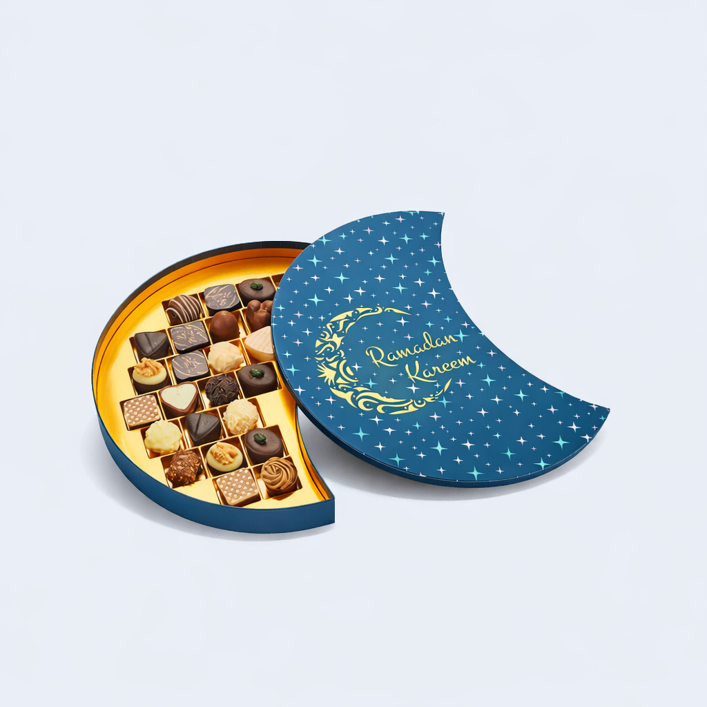 Custom rigid chocolate gift packaging with paperboard divider and individually wrapped confectionery