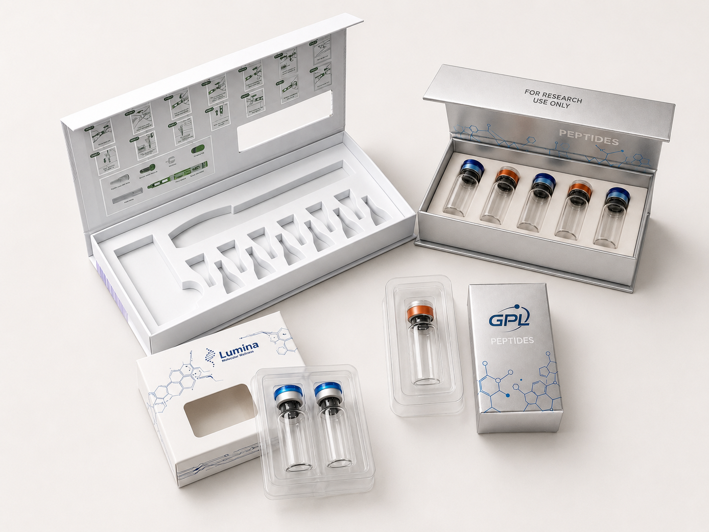Hero image showing premium peptide pen packaging box and peptide vial packaging box together