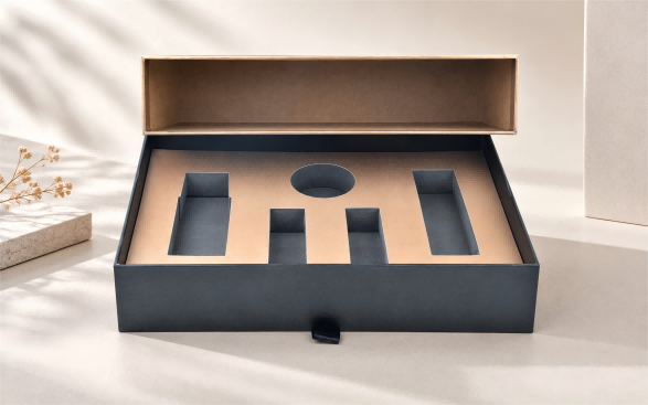 Traditional luxury packaging with mixed materials and foam insert