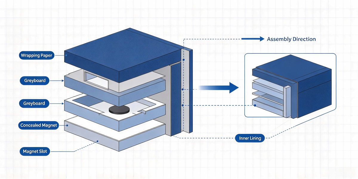 Magnetic closure rigid box structure showing wrapping paper greyboard concealed magnets and inner lining