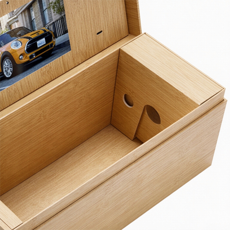 Custom wood grain whisky gift box with LED video screen and paperboard insert