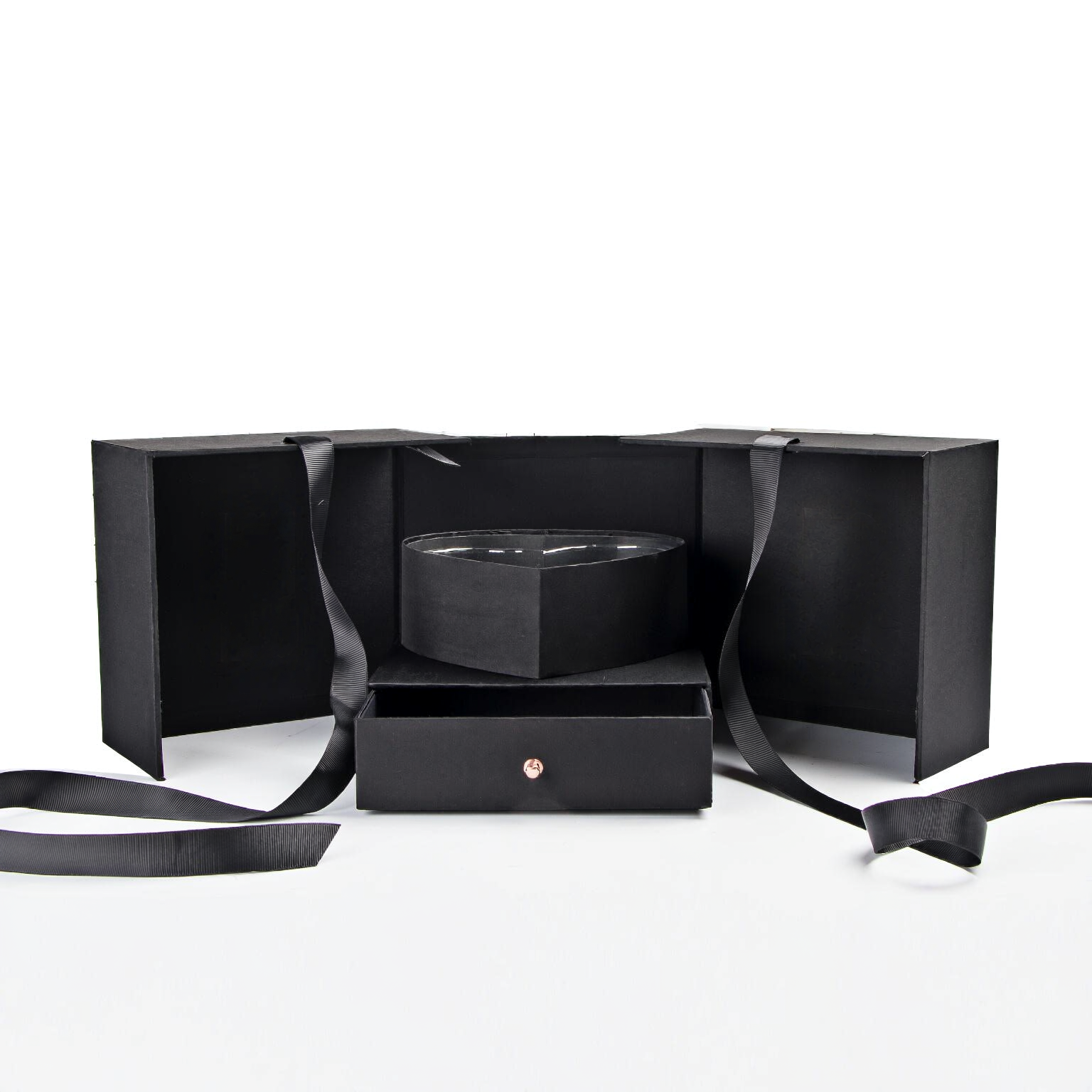 Custom black double door flower gift box with heart-shaped holder and bottom drawer