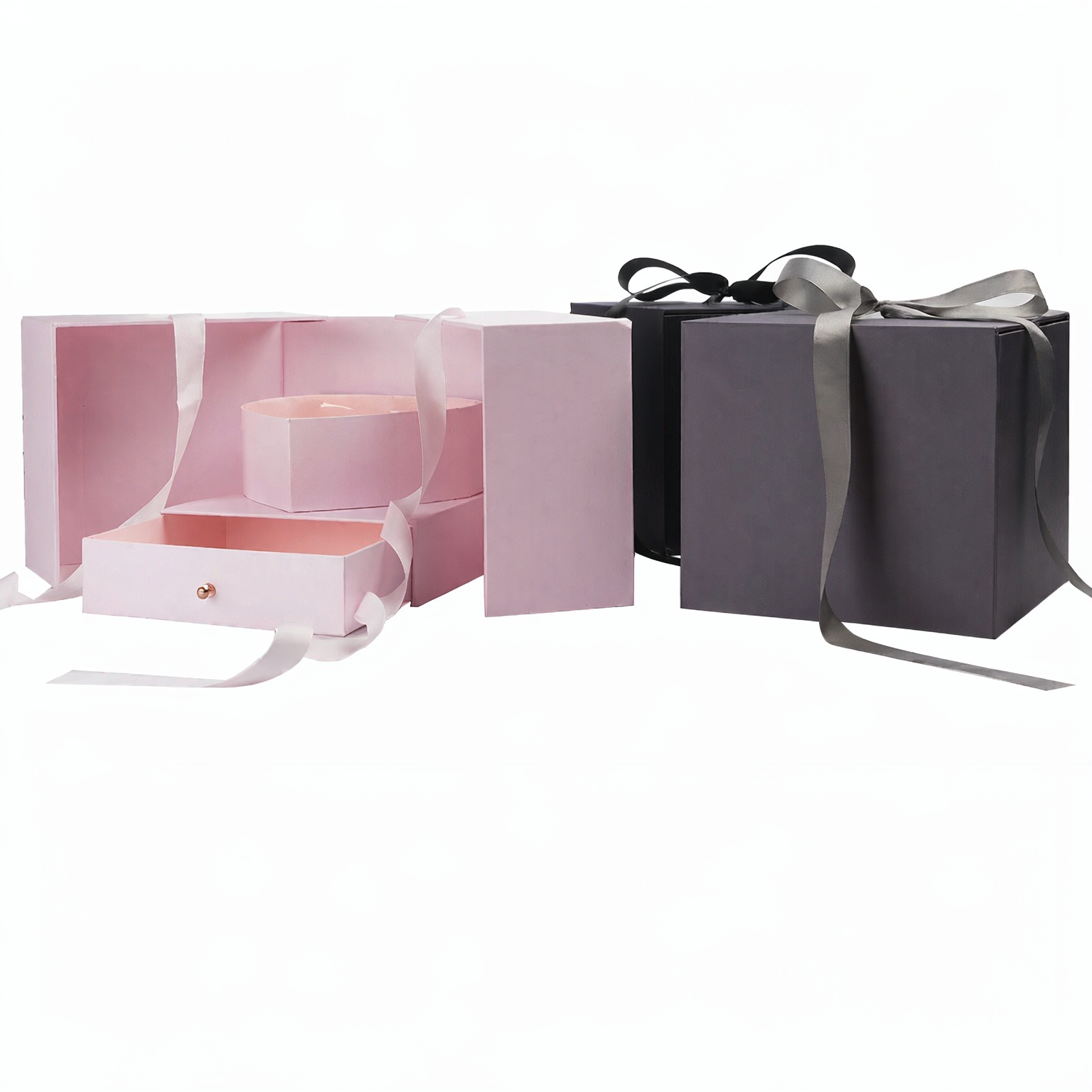 Luxury preserved rose gift boxes in black and pink with ribbon closure and drawer