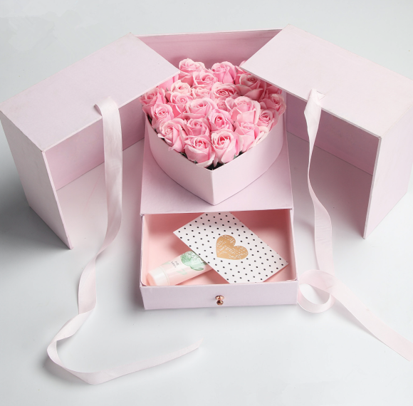 Custom Double Door Flower Gift Box with Heart-Shaped Rose Holder and Drawer