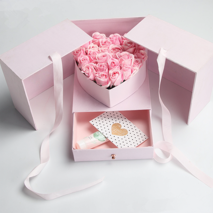 Custom Double Door Flower Gift Box with Heart-Shaped Rose Holder and Drawer