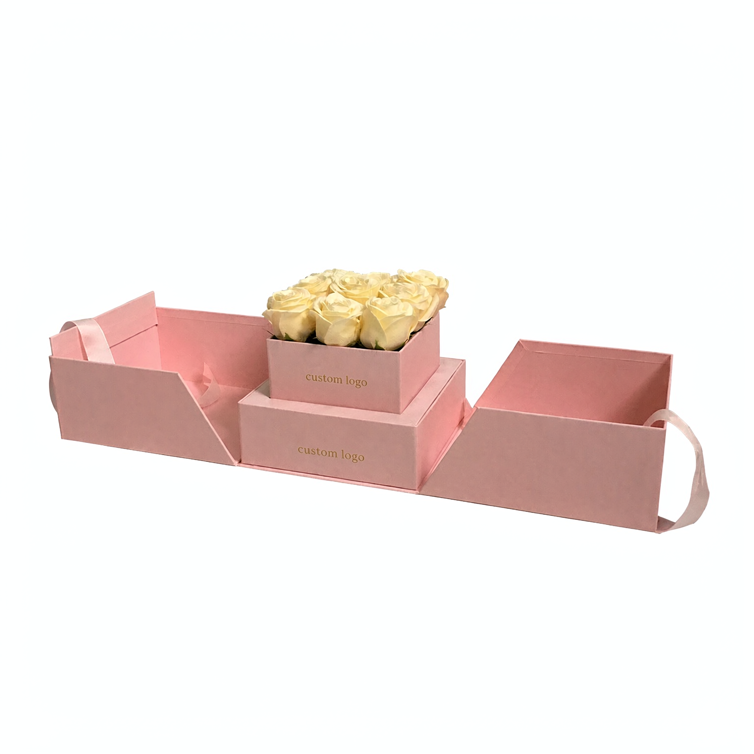 Pink exploding flower gift box with removable paperboard holder and yellow roses