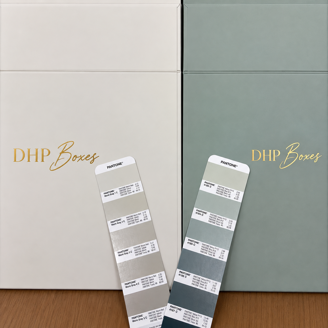 DHP Boxes packaging color consistency review with printed rigid box samples and color reference sheets