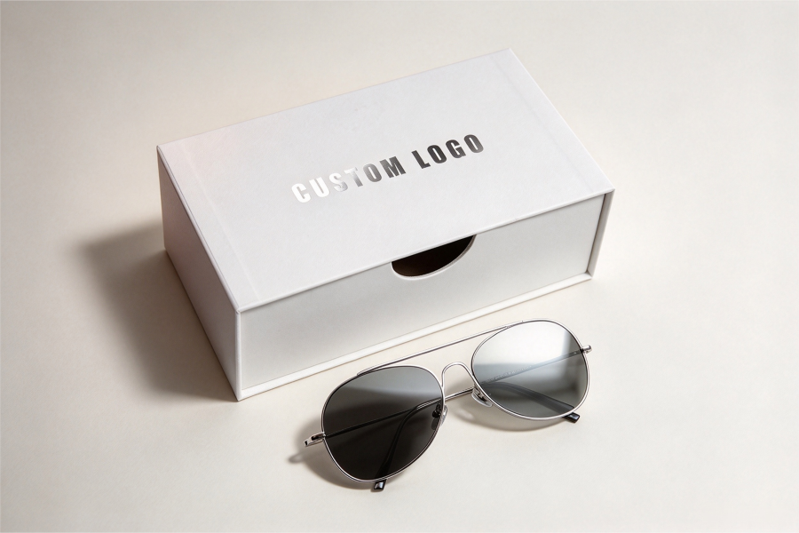 White custom drawer-style eyewear packaging box with sliding rigid cardboard structure