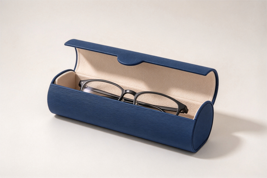 Premium blue eyewear case with curved shape and textured exterior for sunglasses presentation