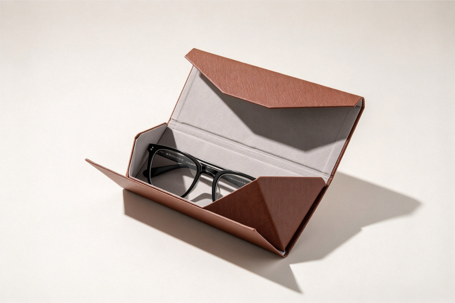 Brown textured folding eyewear case with expandable side panels and compact storage design