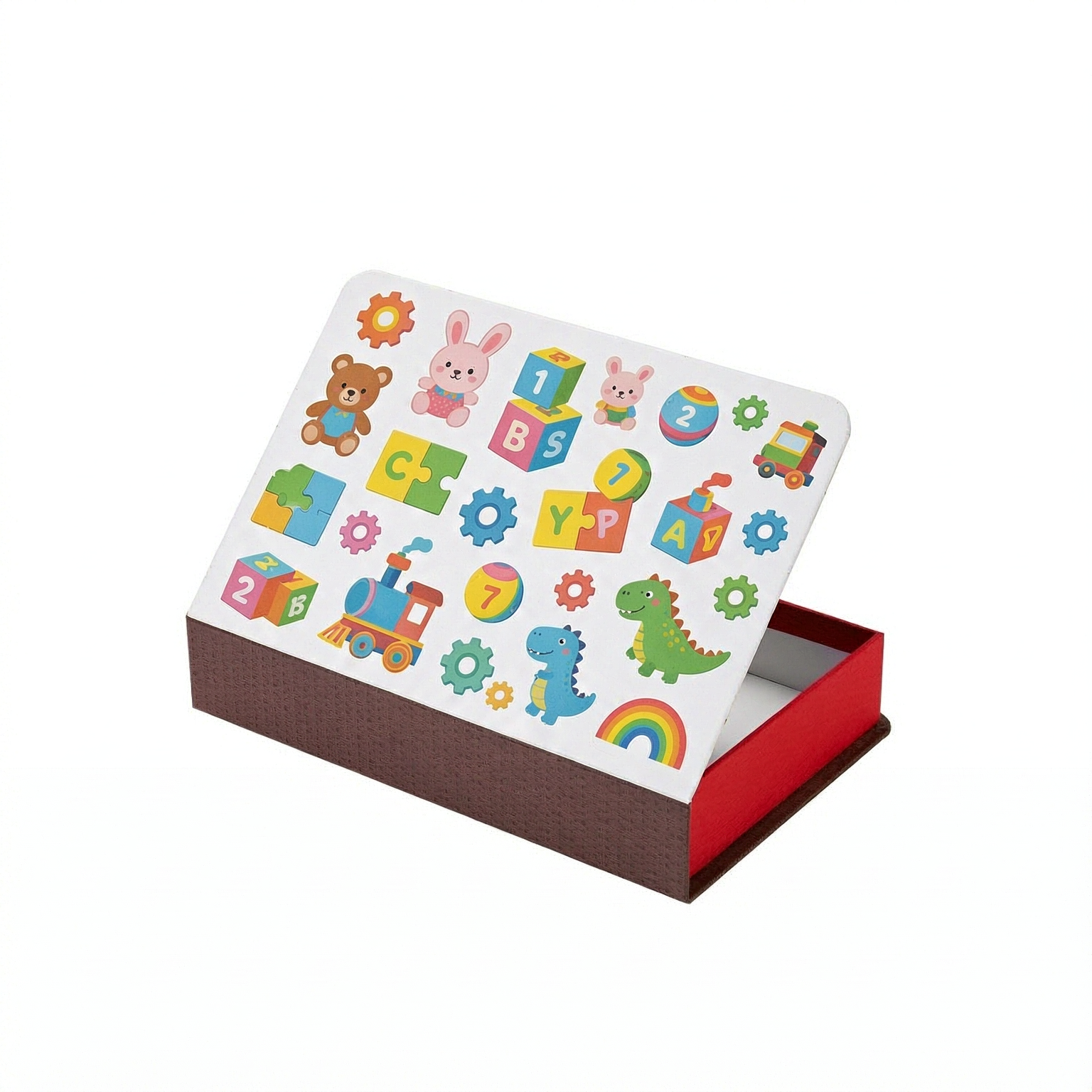 Open book-style rigid toy packaging box with printed educational graphics and red interior compartment.