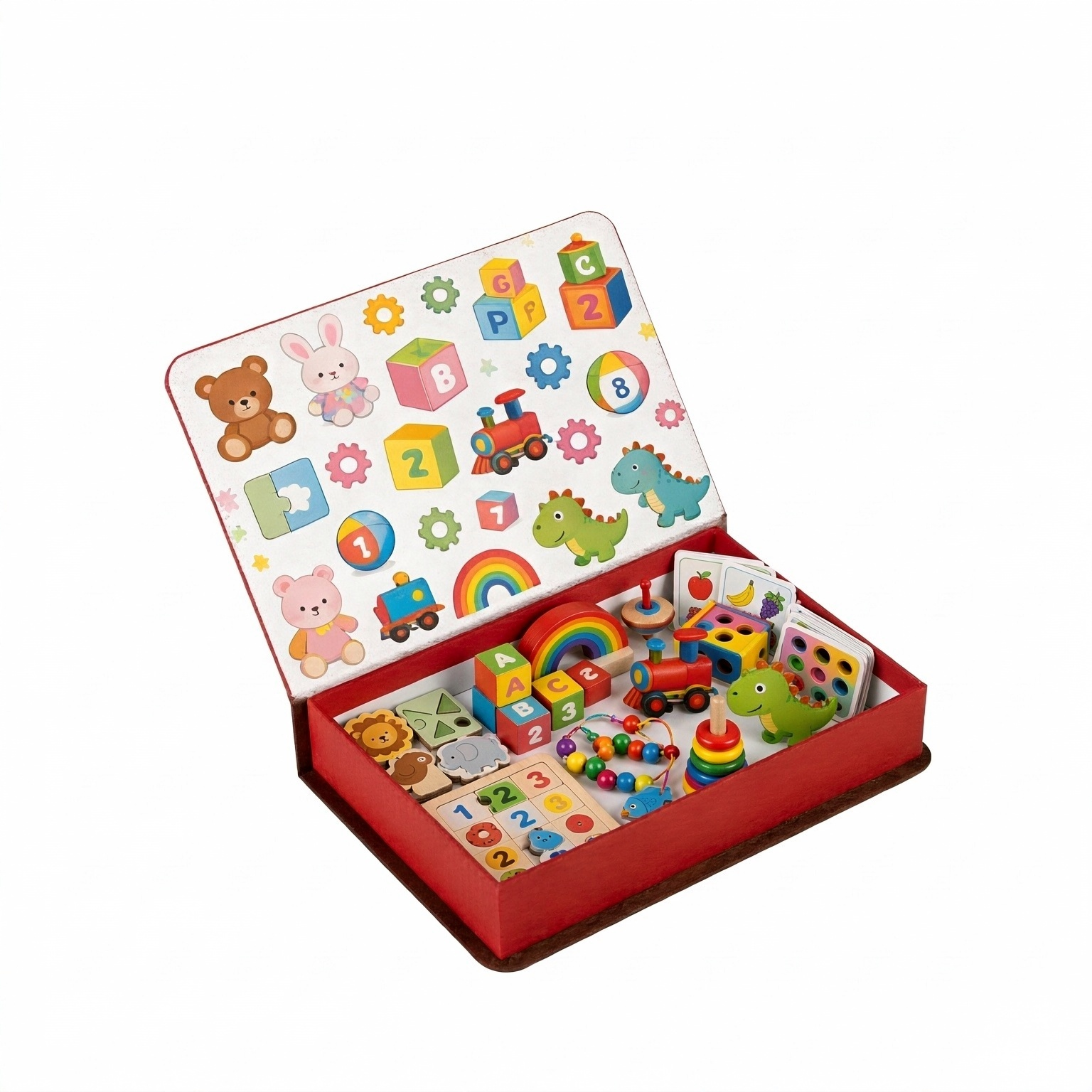 Open rigid educational toy box containing wooden blocks, learning cards, puzzles and colorful activity toys.