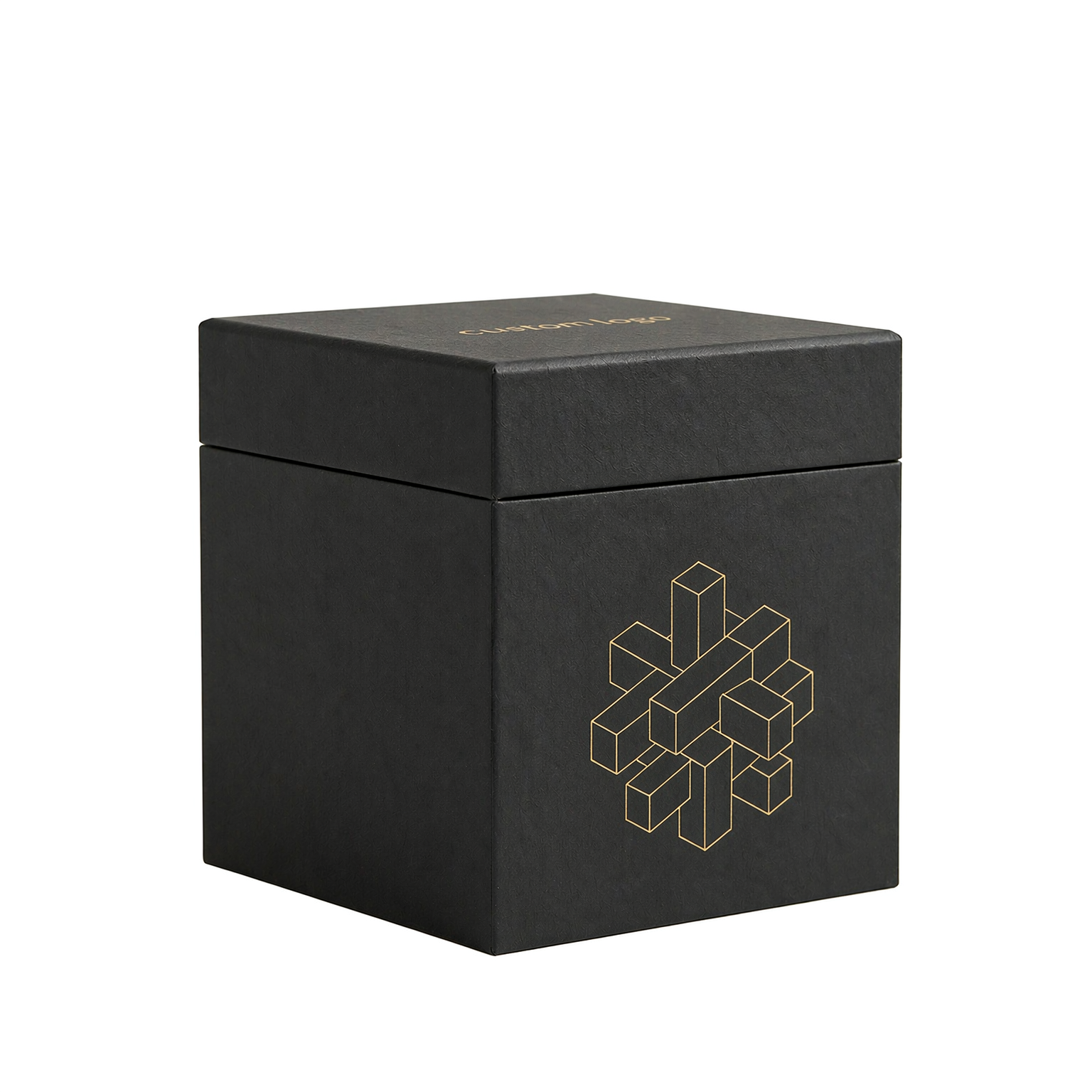 Closed square educational toy packaging box with gold geometric artwork