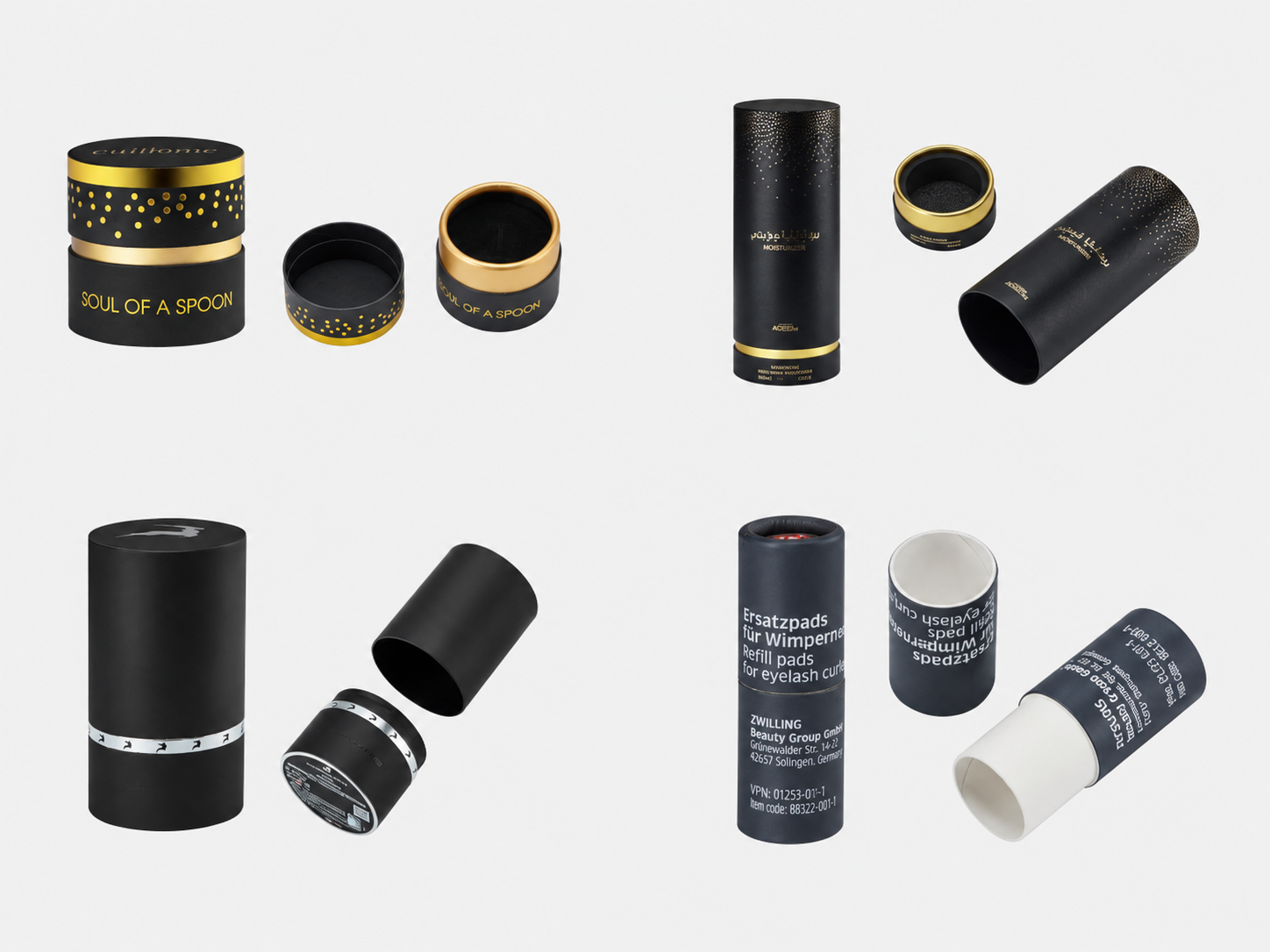 Custom rigid paper tube packaging design showing a cylindrical box and coordinated lid