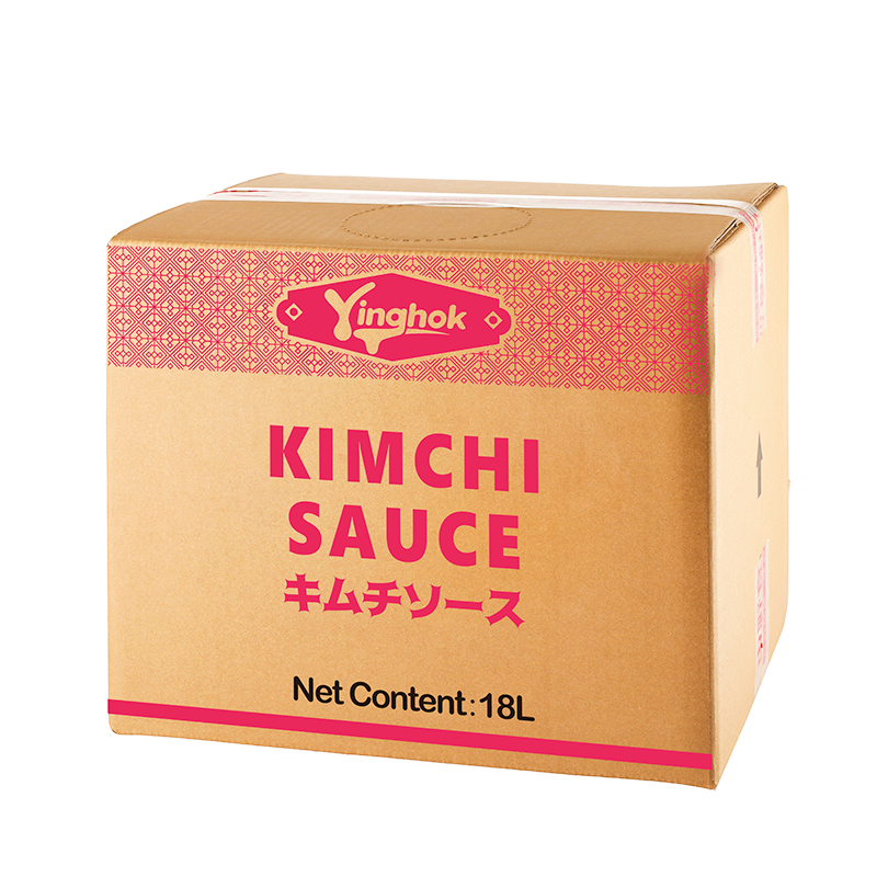 Foodservice kimchi sauce packs in large format on a production line for bulk supply