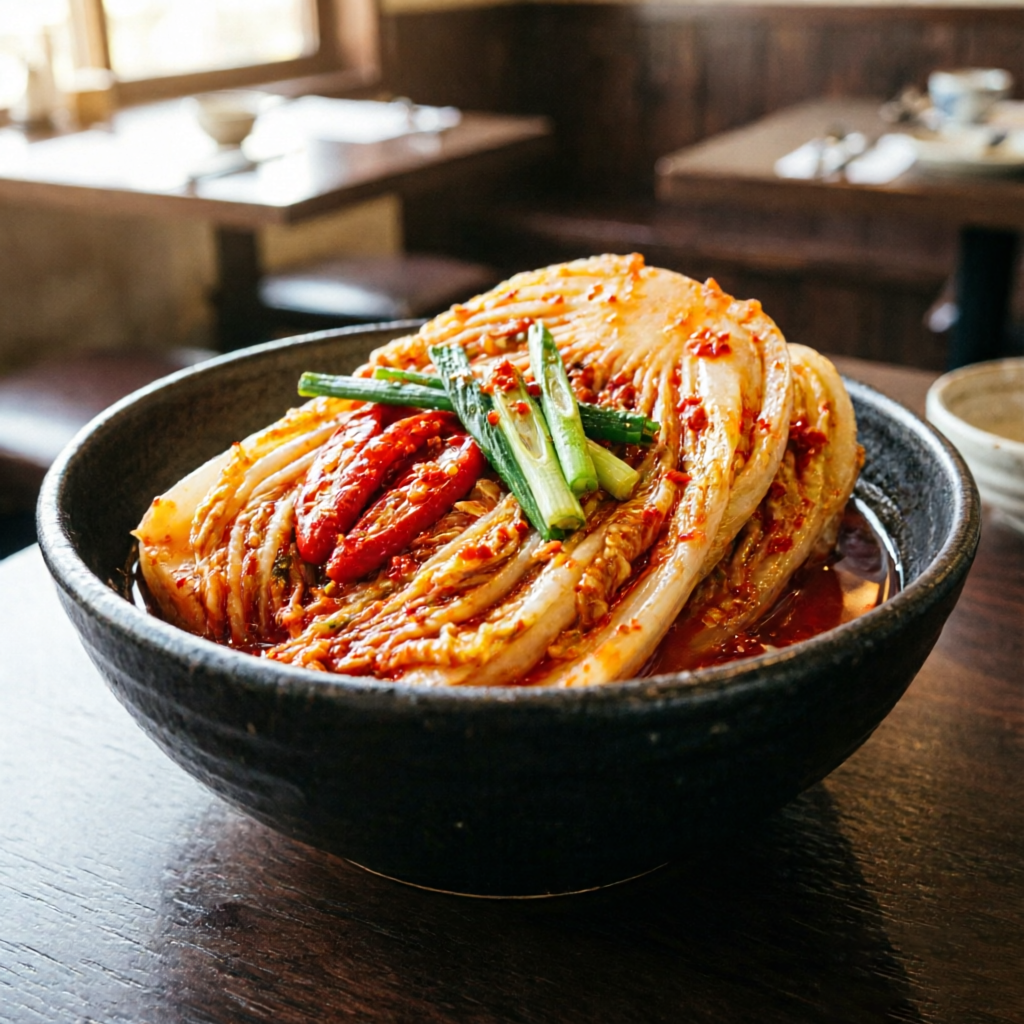 A jar of kimchi sauce with a visible spot of fuzzy green mold on the surface, indicating spoilage.