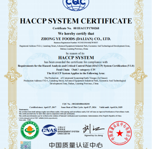 HACCP System Certificate