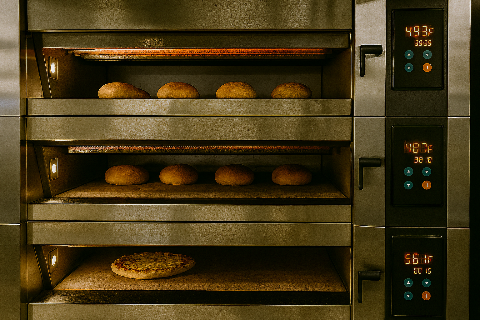 Multi-deck commercial deck oven baking breads and pizzas simultaneously