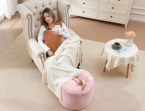 Tender Playful Soft Pink Faux Fur Round Ottoman for Cozy Bedroom or Lounge