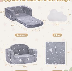 Customizable 2 in 1 Kids Couch in Medium Grey Star with Blanket and Cloud Pillow