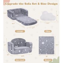Customizable 2 in 1 Kids Couch in Medium Grey Star with Blanket and Cloud Pillow