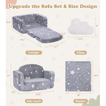 Customizable 2 in 1 Kids Couch in Medium Grey Star with Blanket and Cloud Pillow