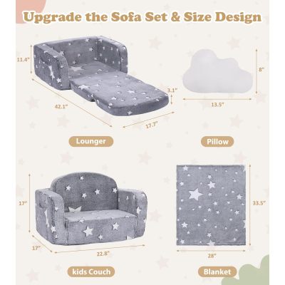 Customizable 2 in 1 Kids Couch in Medium Grey Star with Blanket and Cloud Pillow