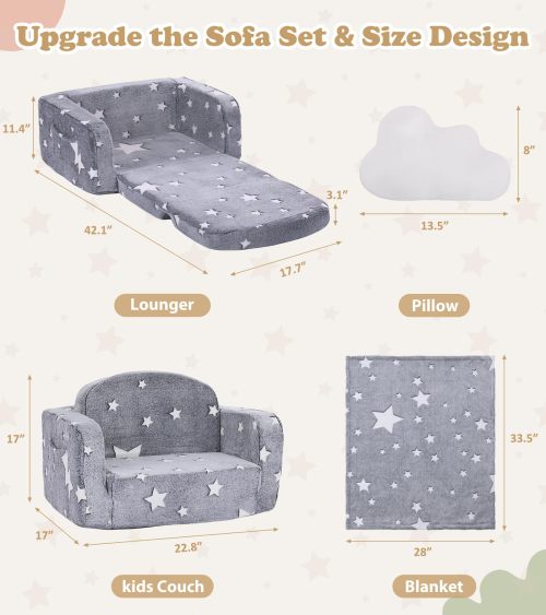 Customizable 2 in 1 Kids Couch in Medium Grey Star with Blanket and Cloud Pillow