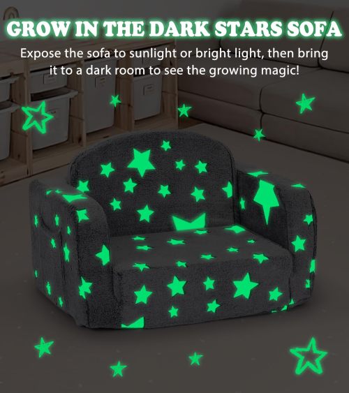 Customizable 2 in 1 Kids Couch in Medium Grey Star with Blanket and Cloud Pillow