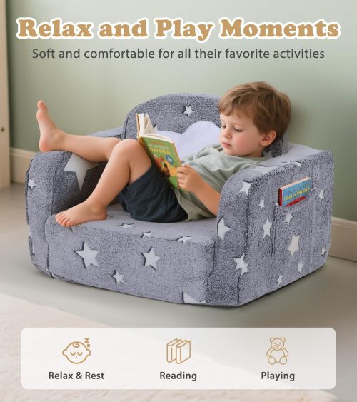 Customizable 2 in 1 Kids Couch in Medium Grey Star with Blanket and Cloud Pillow
