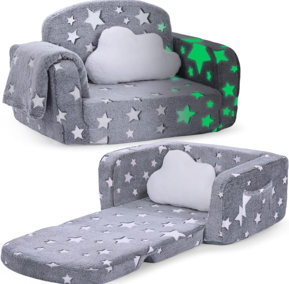 Customizable 2 in 1 Kids Couch in Medium Grey Star with Blanket and Cloud Pillow