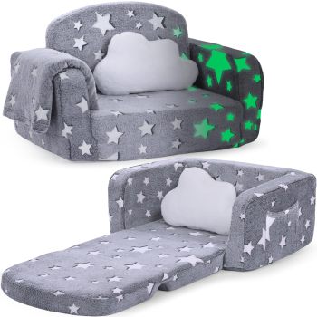 Customizable 2 in 1 Kids Couch in Medium Grey Star with Blanket and Cloud Pillow