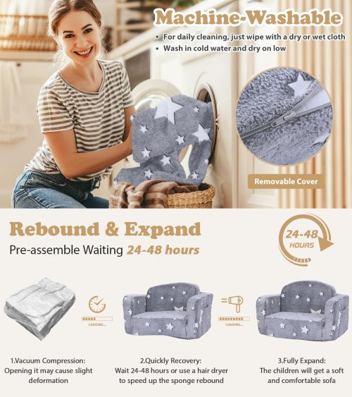 Customizable 2 in 1 Kids Couch in Medium Grey Star with Blanket and Cloud Pillow