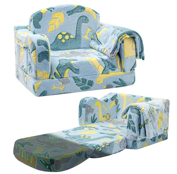 Customizable 2 in 1 Plush Toddler Couch with Glowing Dinosaur and Blanket for Playroom