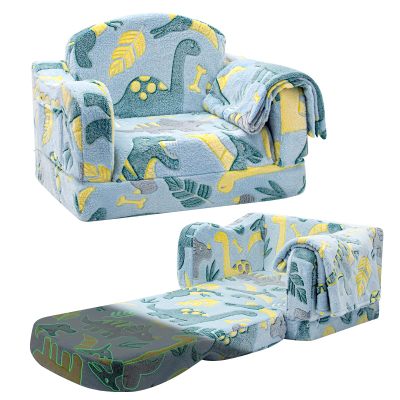 Customizable 2 in 1 Plush Toddler Couch with Glowing Dinosaur and Blanket for Playroom