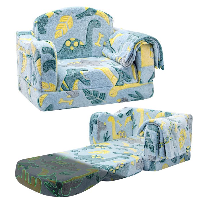 Customizable 2 in 1 Plush Toddler Couch with Glowing Dinosaur and Blanket for Playroom