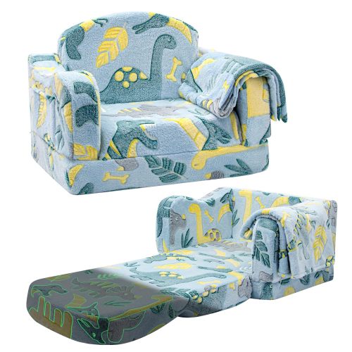 Customizable 2 in 1 Plush Toddler Couch with Glowing Dinosaur and Blanket for Playroom