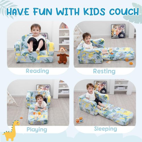 Customizable 2 in 1 Plush Toddler Couch with Glowing Dinosaur and Blanket for Playroom