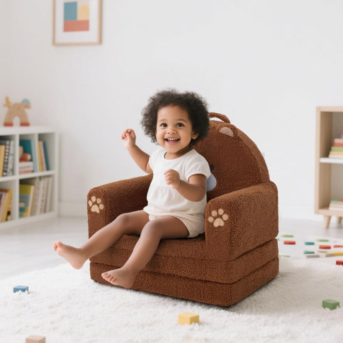 Customizable Flip Open Toddler Chair in Cartoon Animal Design with Soft Sherpa Fabric