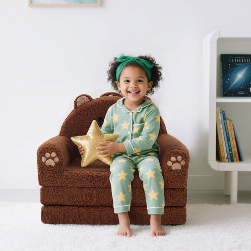 Customizable Flip Open Toddler Chair in Cartoon Animal Design with Soft Sherpa Fabric