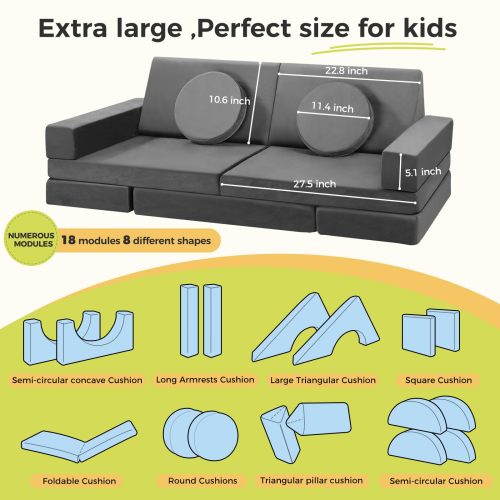 Custom Modular 18PCS Kids Foam Play Couch Set for Playroom and Bedroom Fort Building Fun