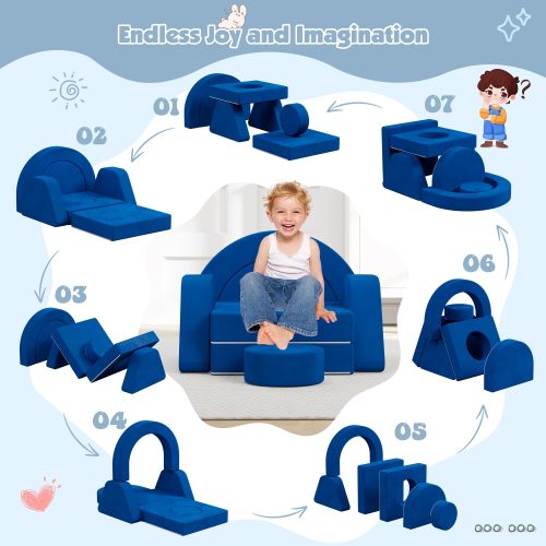 OEM&ODM Factory 7 PCS Modular Kids Play Couch Nugget Foam Cushion for Bedroom Playroom Blue-Single