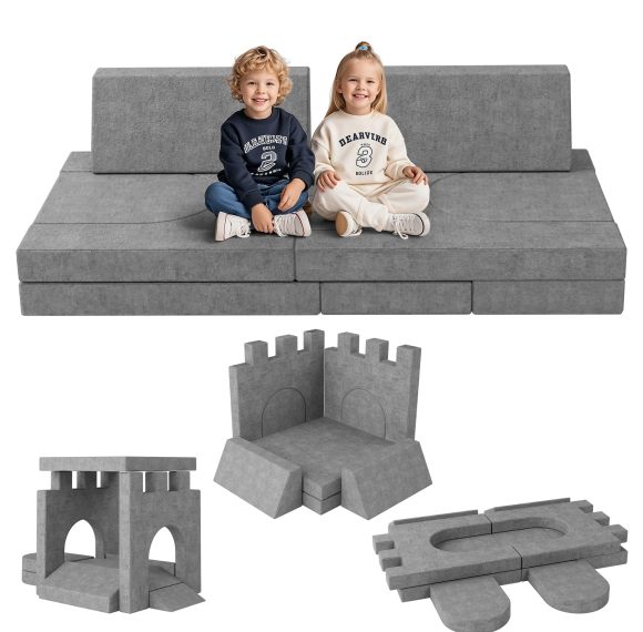 8 PCs Modular Kids Play Couch - Convertible Foam Sofa for Toddlers Grey