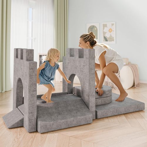 8 PCs Modular Kids Play Couch - Convertible Foam Sofa for Toddlers Grey